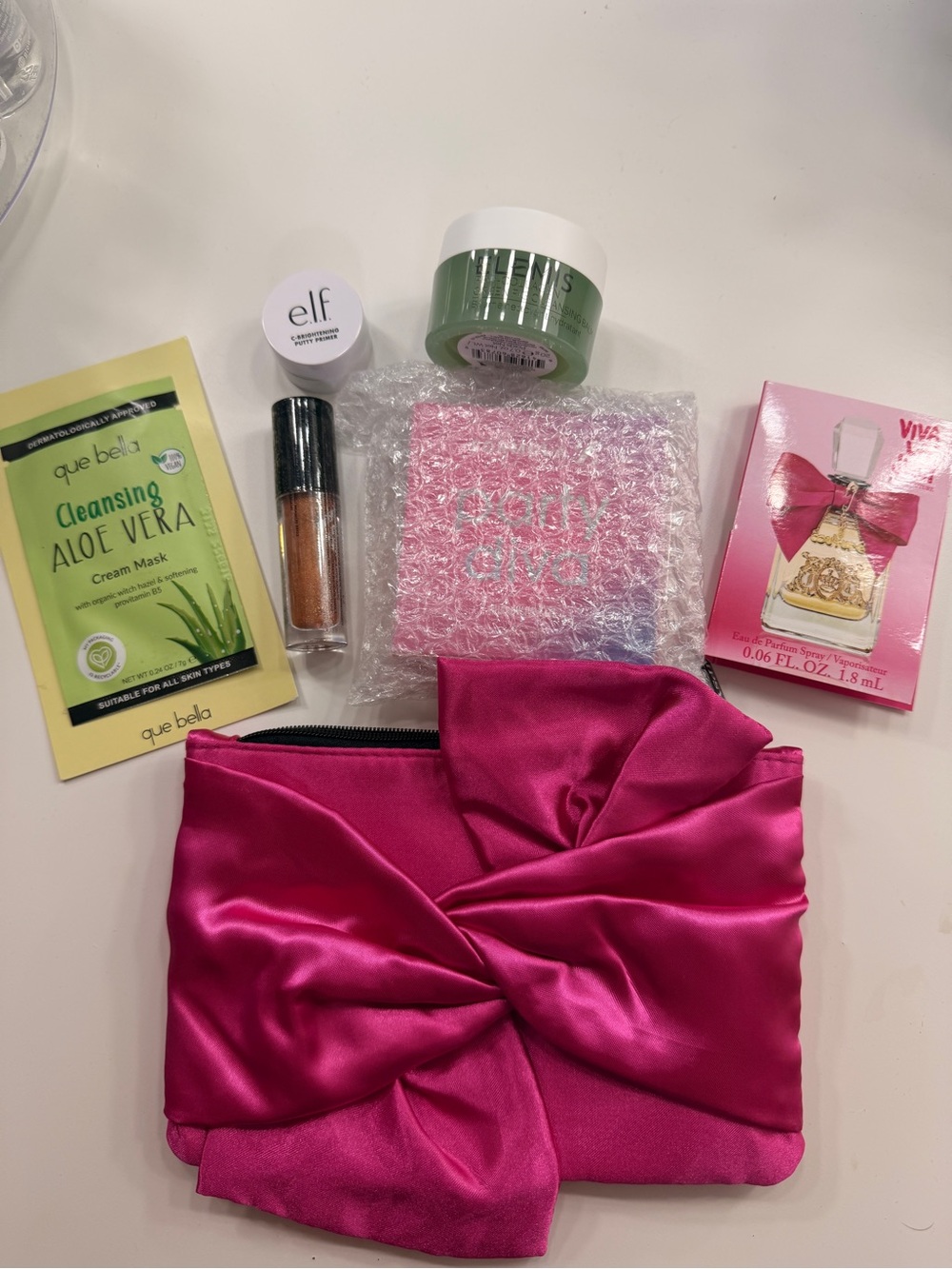 ELF Hot Pink Satin Knot Cosmetic Pouch with Beauty Products